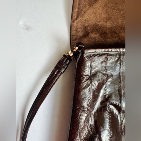 Vintage 80s Eel Skin Leather Snake Print Suede Shoulder Bag Brown Tote Button - Picture 11 of 16